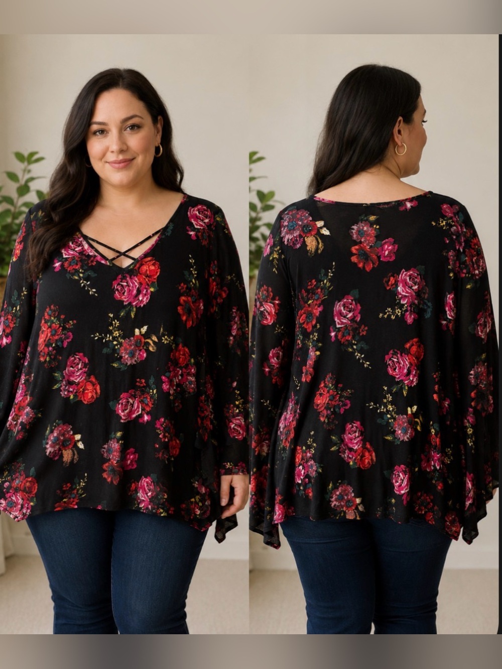 Black Floral Long Sleeve Flowy V-Neck Fairy Boho Romantic Top Size 18/20 W